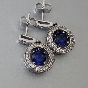 Blue & White Sapphire Drop Earrings Set in Sterling Silver 925